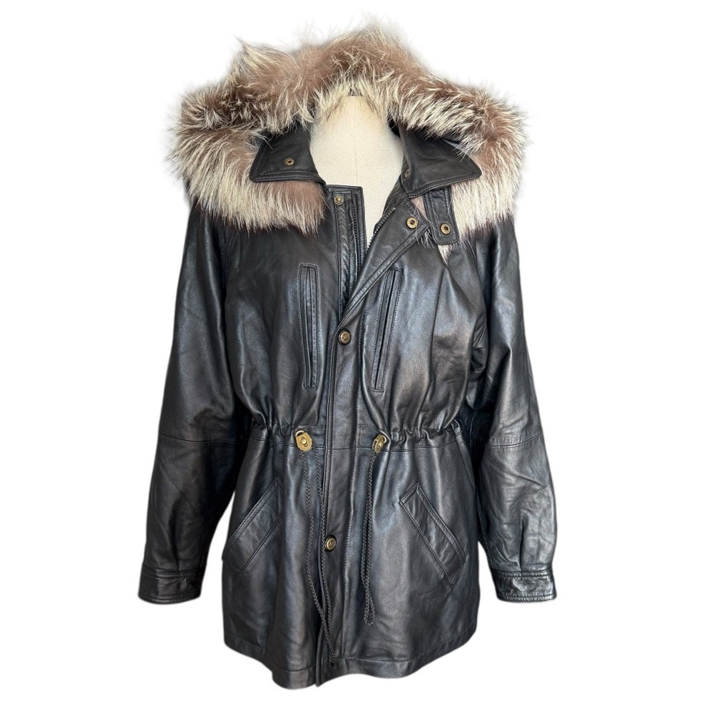 Vintage 80's Black Leather Anorak Parka Jacket Raccoon Fur Removable Hood Small